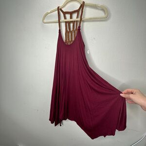Sky Burgundy Scoop Neck Hand Braided Leather Design Back Strap Flowy Dress XS
